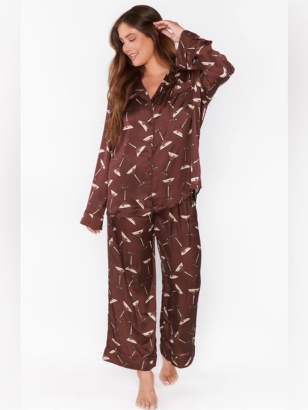 Show Me Your Mumu Brown Espresso Martini Print Satin Pajama Set